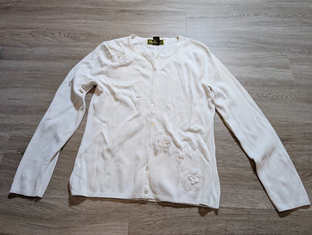 Mirasol Womens M Ivory Floral Embroidered Beaded Button Cardigan Sweater Knit